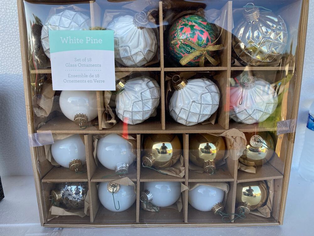 Pine glass Christmas tree ornaments featuring assorted white, gold,